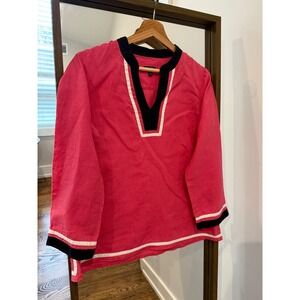 Talbots Petites Linen V Neck Tunic Top Pink Navy White Trim MP Resort Breathable